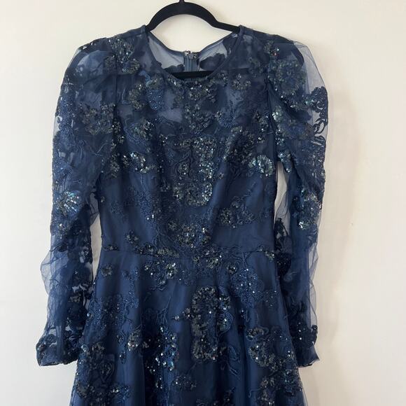 Mac Duggal Navy Sequin Sheer Lace Maxi Gown Prom Dress Womens 4 Long Sleeve - Picture 4 of 16
